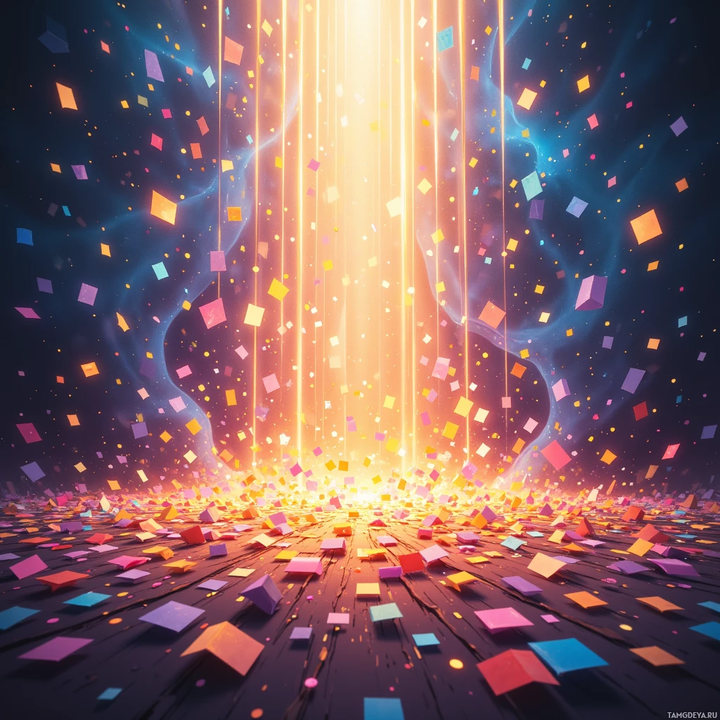 Яркая, абстрактная сцена с красочными геометрическими фигурами, падающими на фоне темного пространства, освещенная светящимися лучами.