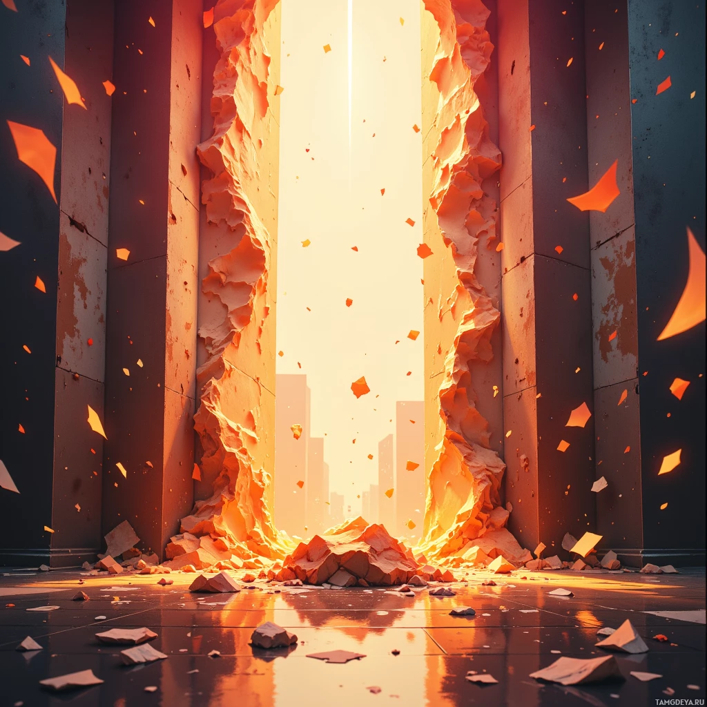 Облупившаяся стена с трещинами, осыпающаяся обломками, сквозь которые пробивается яркий свет.