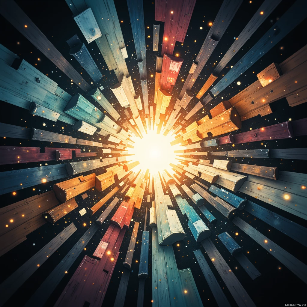 Всплеск ярких разноцветных деревянных досок, расходящихся лучами на фоне звёздного ночного неба.
