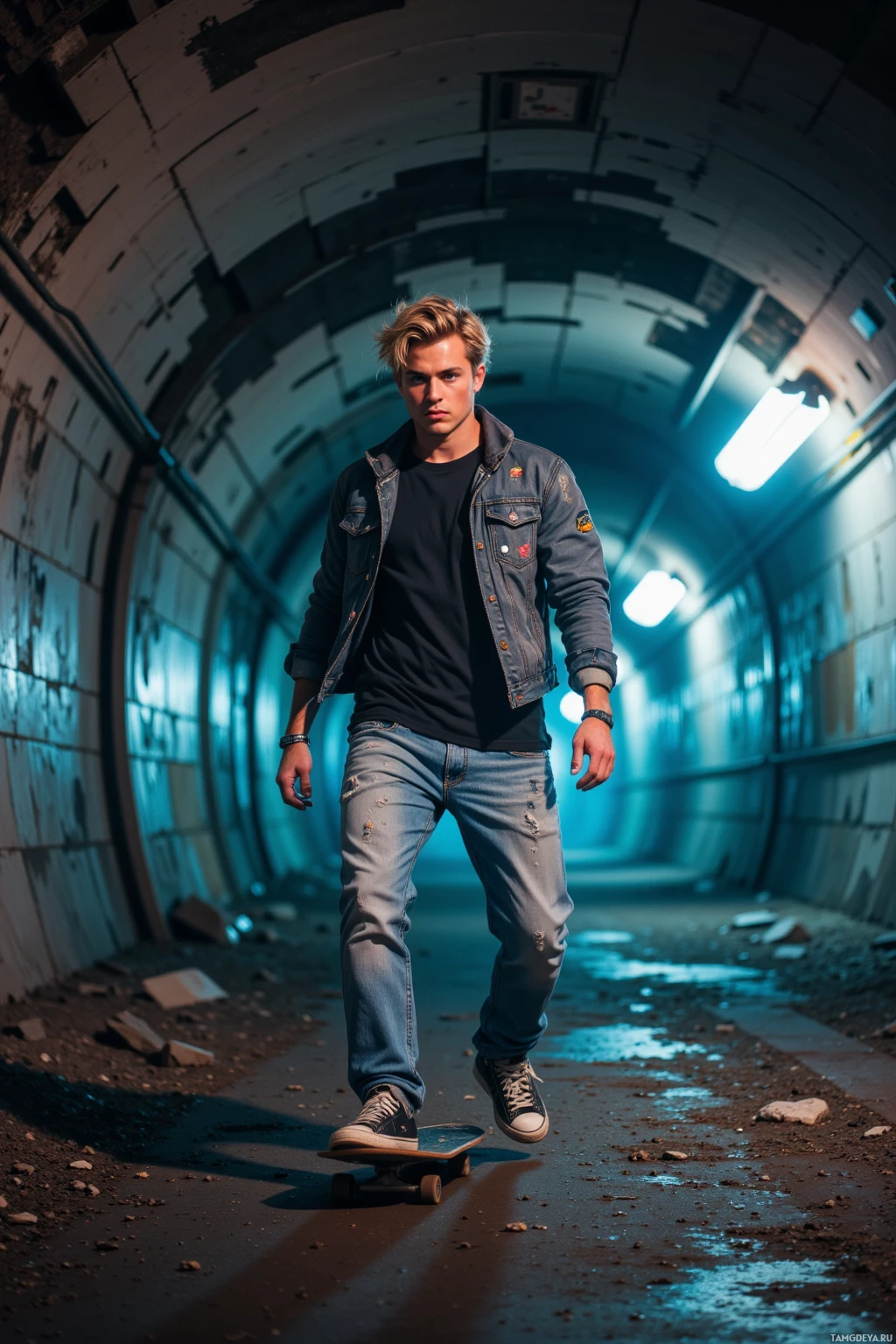 Молодой человек катается на скейтборде в полумрачном тоннеле.