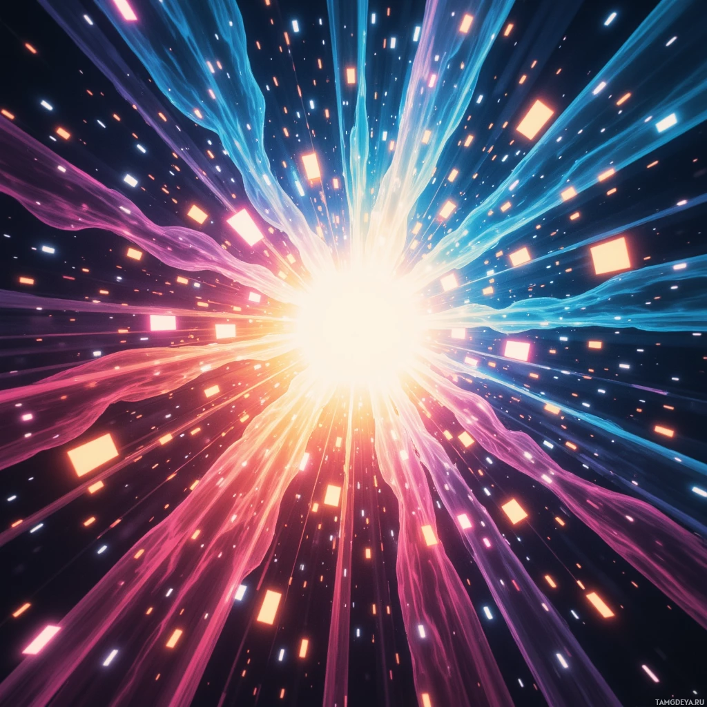 Яркий космический пейзаж, полный светящихся частиц и лучей света, расходящихся во все стороны.