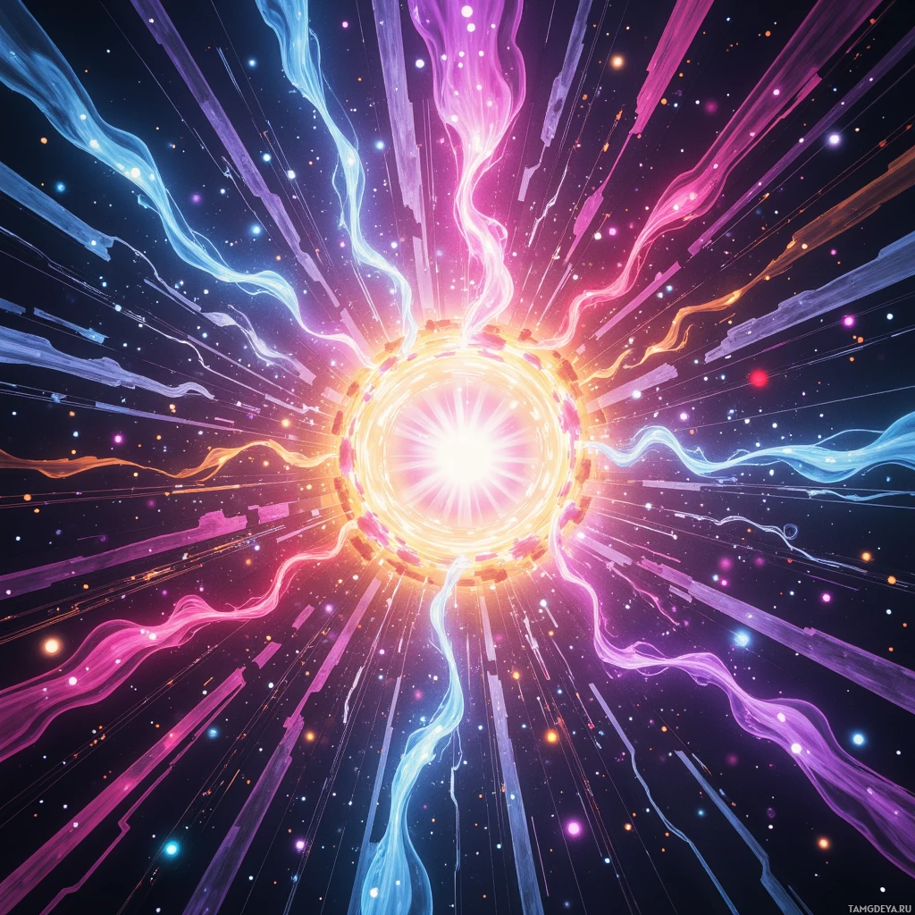 Яркая космическая сцена с бурлящими потоками энергии и сияющими, словно звёзды, частицами, расходящимися во все стороны.