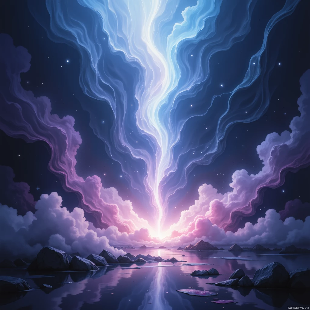 Спокойная ночная сцена: луч света, словно исходящий из небес, опускается на тихую воду, окружённую облаками и виднеющимися вдалеке горами.