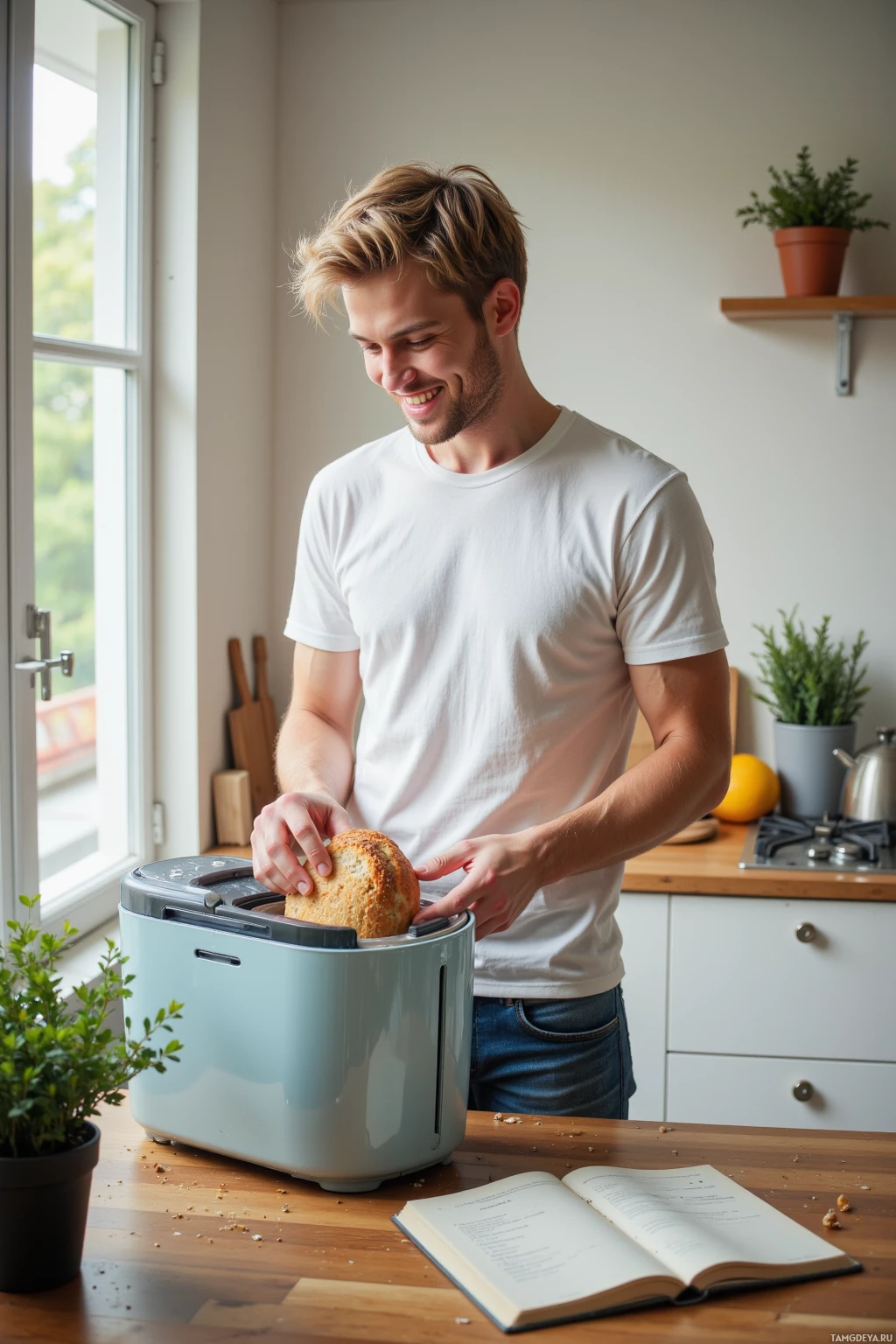 Мужчина улыбается, помещая хлеб в хлебопечку на кухне.