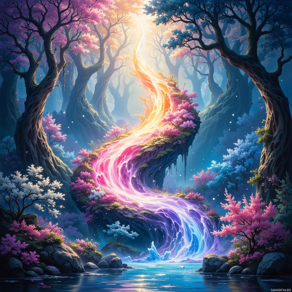 A vibrant fantasy landscape featuring a glowing waterfall amidst a forest of colorful blossoming trees and a serene body of water.