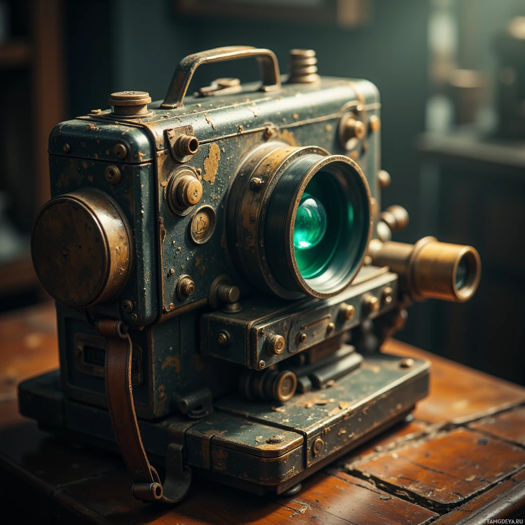 Старый, изношенный кинопроектор с большим объективом и многочисленными ручками стоит на деревянном столе.