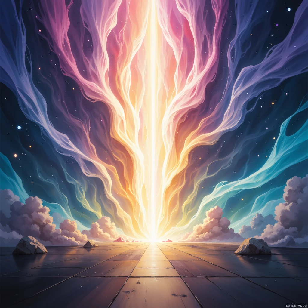 Яркое, неземное небо с плывущими облаками и сияющим источником света над мощеной дорожкой.