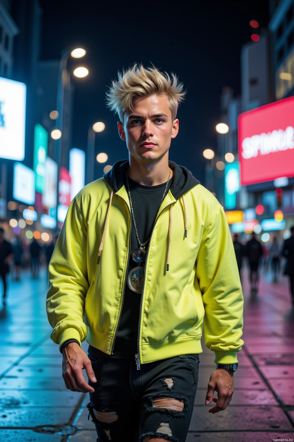 Realistic high quality photo. A 26‑year‑old male with messy blonde hair, bright blue eyes, angular face, charismatic smile, wearing a neon‑colored hoodie and trendy streetwear, sunglasses casually resting on his forehead, confidently walking on a modern city street at night, standing before a chrome billboard with flashing traffic lights, waving like a runway model, exuding an effortlessly cool, bold street fashion icon vibe.
