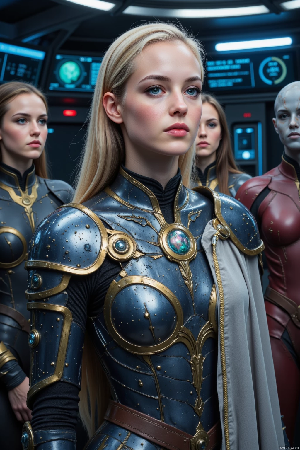 Realistic high quality photo. Tall woman, 30, tall, blonde ponytail, bright blue eyes, pale skin, wearing reflective mirror‑like armor and a flowing patterned cloak, mediating a planetary negotiation simulation aboard a starship, surrounded by holographic data streams and diverse alien council members in a dim command deck, calm yet slightly tense.