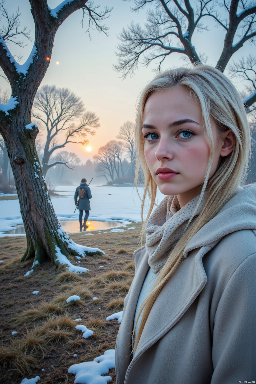 Realistic high quality photo. A woman with icy blonde hair, piercing blue eyes, pale skin, wearing a soft wool coat and scarf, stands in a misty winter glade with frost on silver bark, watching a lone hunter silhouette against a dawning sky, while wind‑swept oak trees and twinkling stars frame the scene.