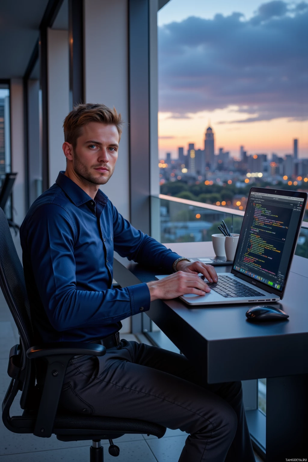 Realistic high quality photo. A 31‑year‑old man with short blonde hair and blue eyes, wearing a navy blue fitted shirt and dark gray trousers, sits at a sleek office desk intently debugging microcontroller firmware on a laptop, then steps onto a balcony at dusk, gazing at a cityscape as lights transition to night, his posture straight and satisfied.