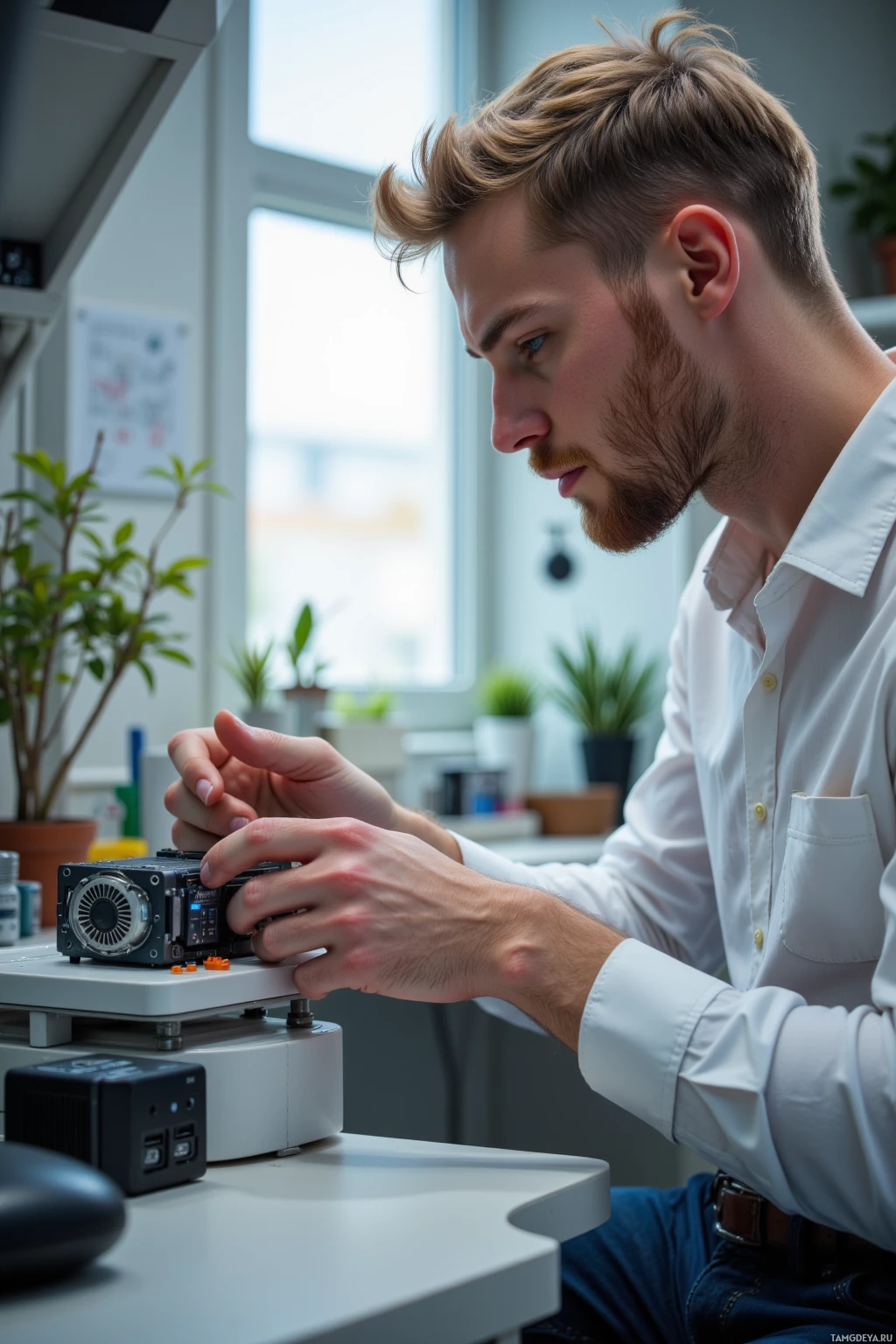 Мужчина в белой рубашке работает над небольшим электронным устройством, сидя за столом.