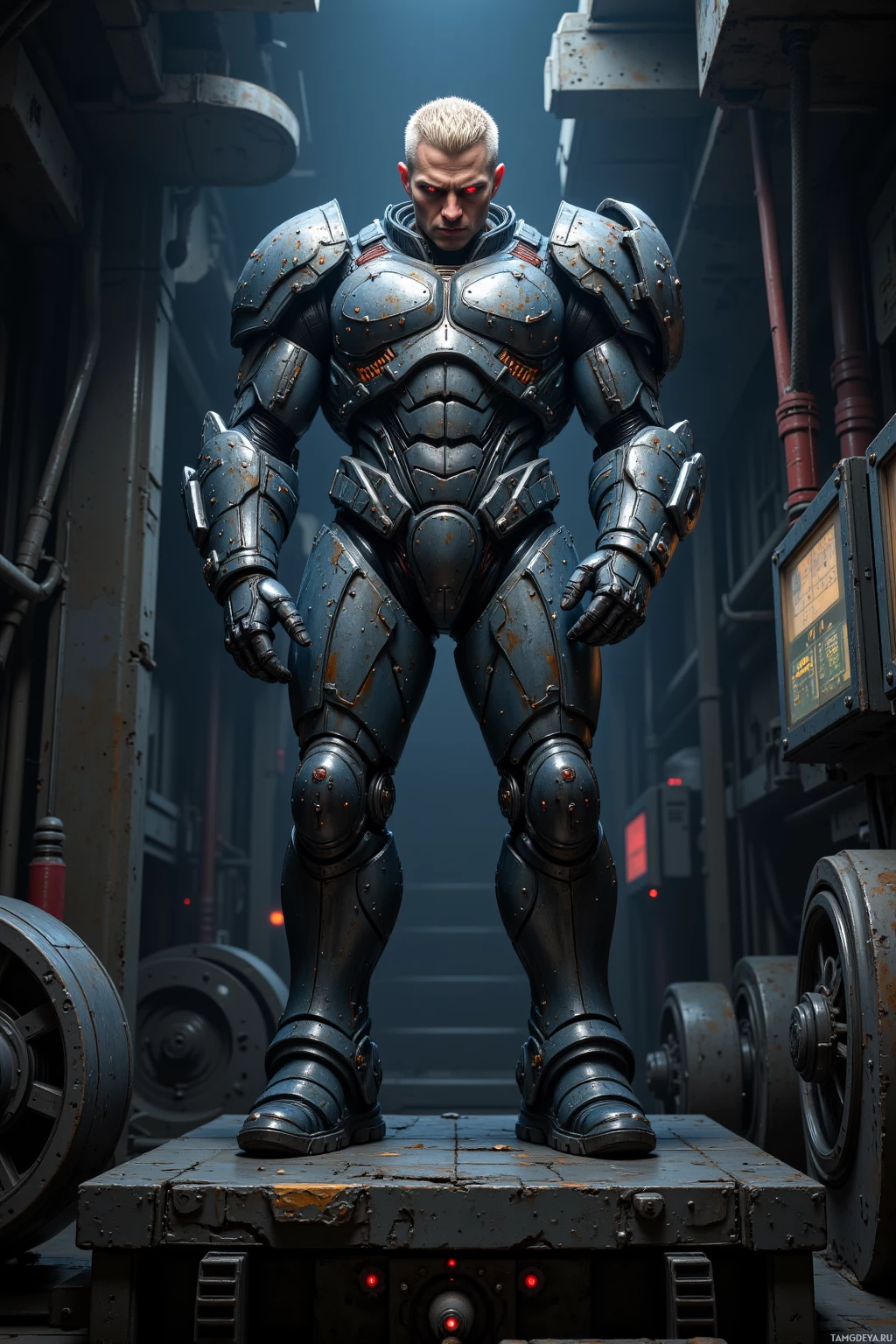Realistic high quality photo. Male, 40, tall imposing cyborg with metallic body, sleek battle armor, short blonde undercut, glowing red eyes, stern expression, tightening bolts on a dimly lit maintenance platform surrounded by mechanical parts and digital calibration panels, lone and focused in a sci‑fi industrial setting at night.