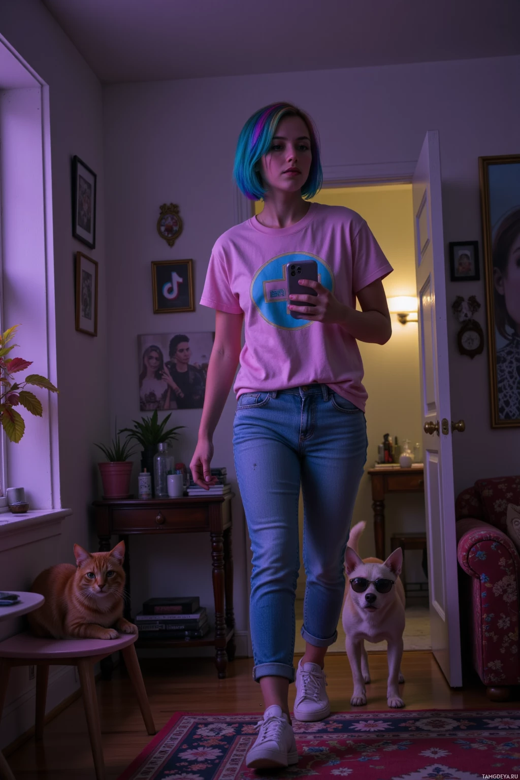 Realistic high quality photo. Female 24 with vibrant rainbow bob, bright blue eyes, pale skin, wearing a pink t‑shirt, high‑waisted jeans and sneakers, chasing a sunglasses‑wearing dog through a dimly lit apartment at 3 am, phone in hand capturing the chase with a soft glow, a cat perched on a couch eyeing its own selfie, scattered TikTok trend posters on the walls, modern realism.