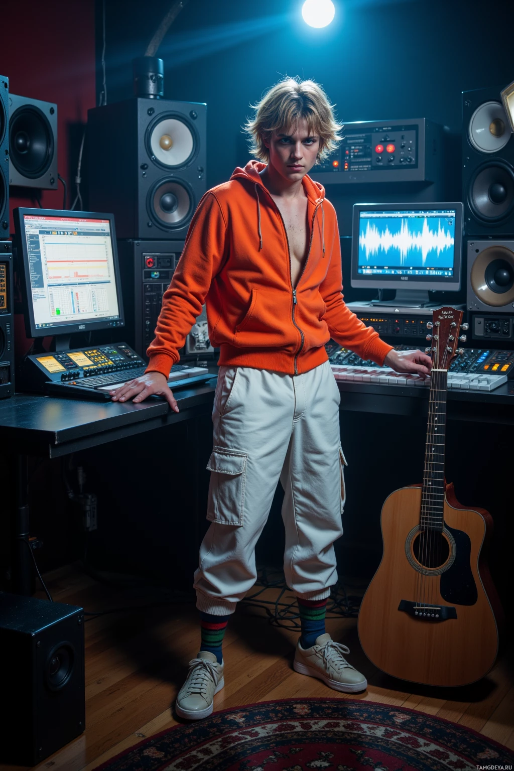 Realistic high quality photo. Male, 25, messy blonde hair, green eyes, bright orange track jacket, loose white cargo pants, chunky sneakers, mismatched socks, standing in a dark studio at 3 a.m. with flashing strobe lights, surrounded by exposed speakers, a computer monitor displaying looping waveform patterns, hands on a mixing console, avoiding an acoustic guitar placed on the floor.