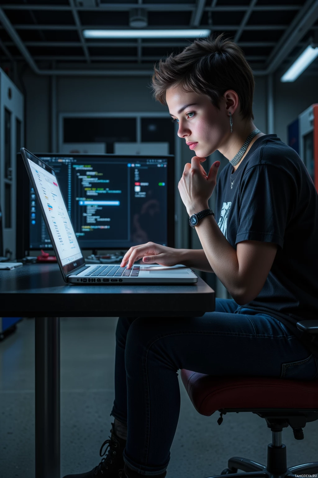 Realistic high quality photo. Woman, 34, short spiky black hair, piercing green eyes, olive skin, wearing dark jeans, a graphic tee, chunky boots, a silver choker and forked earrings, sits in a dimly lit server room at midnight, typing on a glowing laptop while tracing code patterns with her finger, a faint glitch ripple flickering across the municipal feed screen, surrounded by racks of servers and cables, her body language stealthy and focused.
