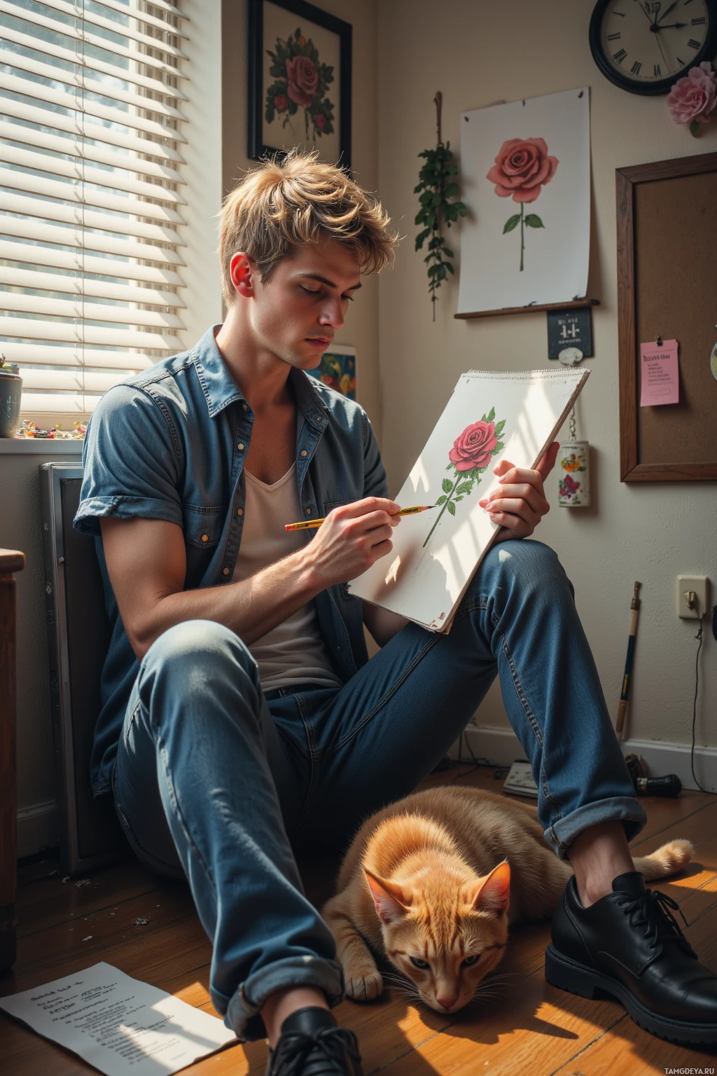 Realistic high quality photo. Male, 30, messy blonde hair, wearing a casual button‑down shirt and jeans, sits on the floor of a tiny studio with blinds, sketching a rose with a charcoal pencil, sunlight filtering through blinds, a stray cat curled around his feet, a napkin with a to‑do list on his lap.