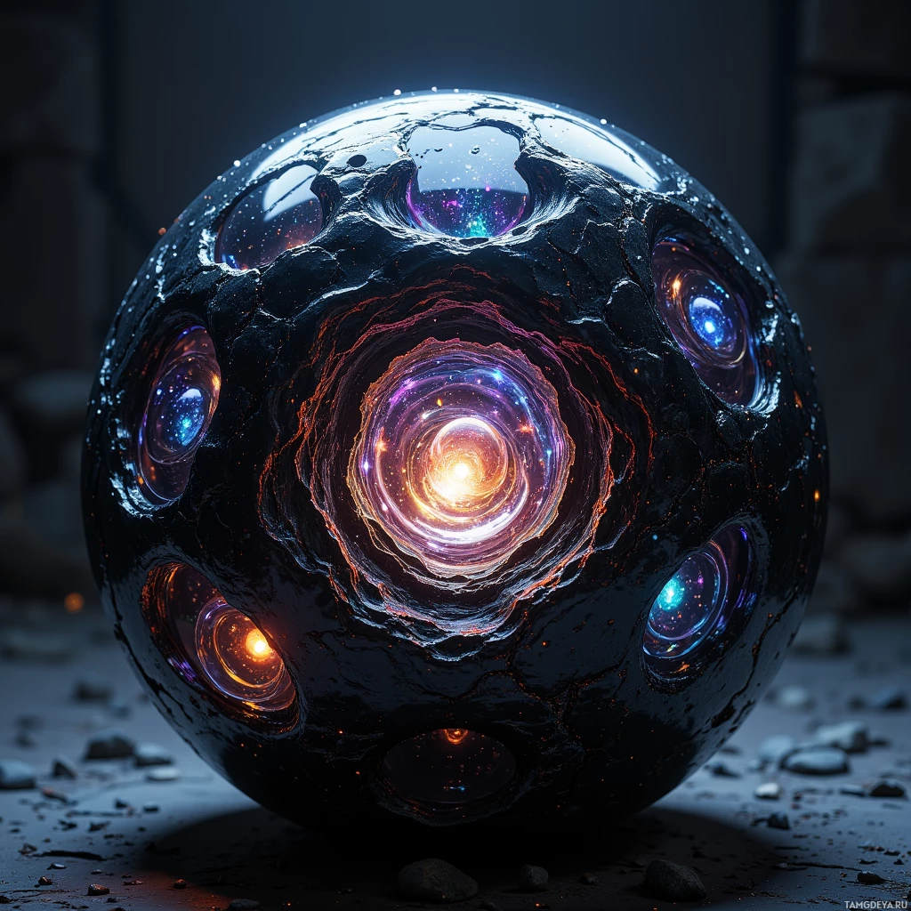 Semi-abstract image with many light, that is suitable for the post:  A fist-sized black obsidian sphere with a lattice of iridescent, pulsing filaments etched across its surface, revealing a faintly glowing bio‑crystal core inside.