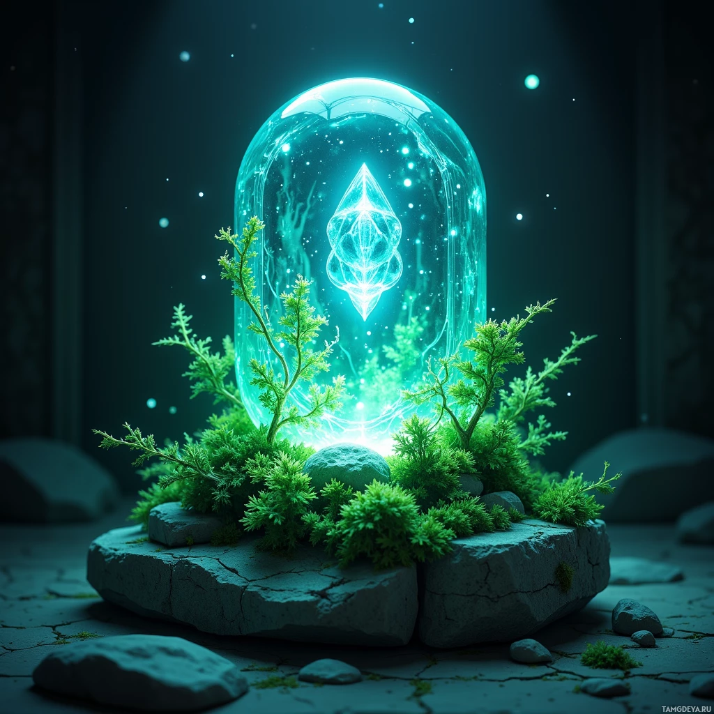 Semi-abstract image with many light, that is suitable for the post:  Translucent crystal stone lantern with embedded sensor panels, faint green bioluminescent lichens swaying, pulsing blue‑green glow, smooth stone base, subtle mossy accents, soft protective light.