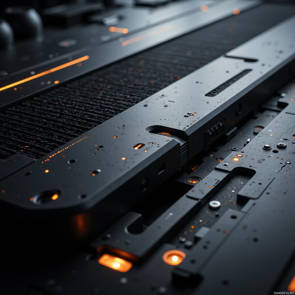 Semi-abstract image with many light, that is suitable for the post:  Matte black carbon fiber chassis with sleek brutalist design, smooth touch‑responsive surface, integrated low‑profile power rail, subtle ventilation channels for adaptive climate control, minimalistic modular command center.