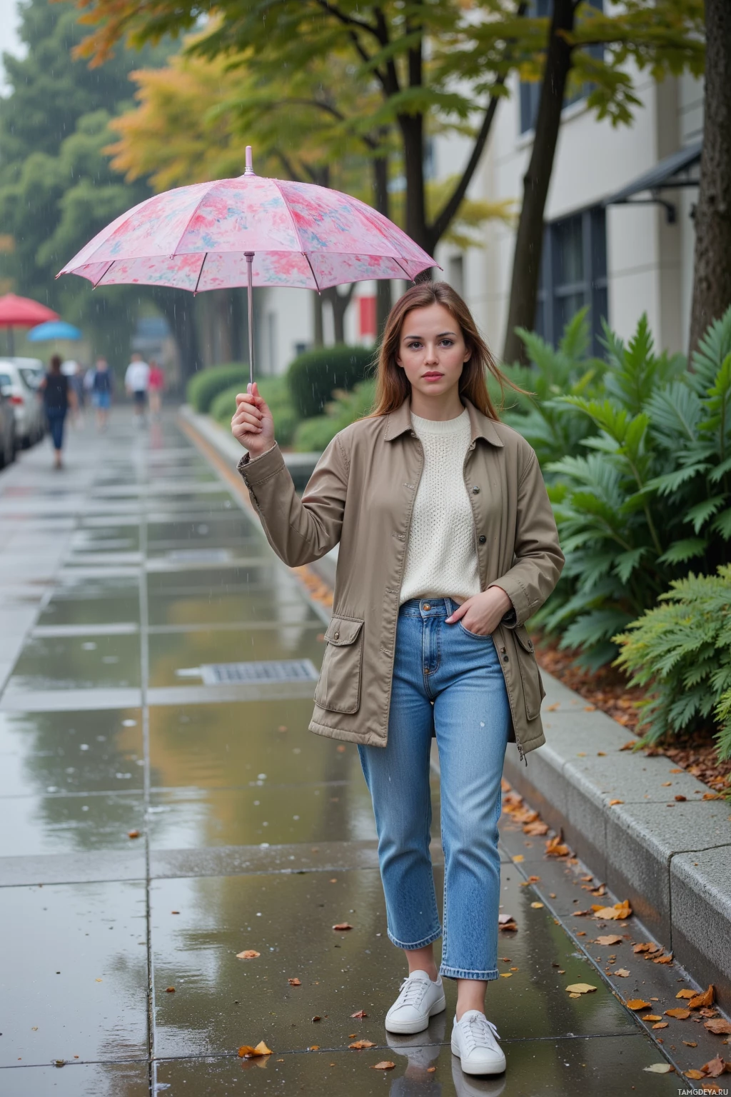 На мокром тротуаре стоит человек с розовым зонтом.