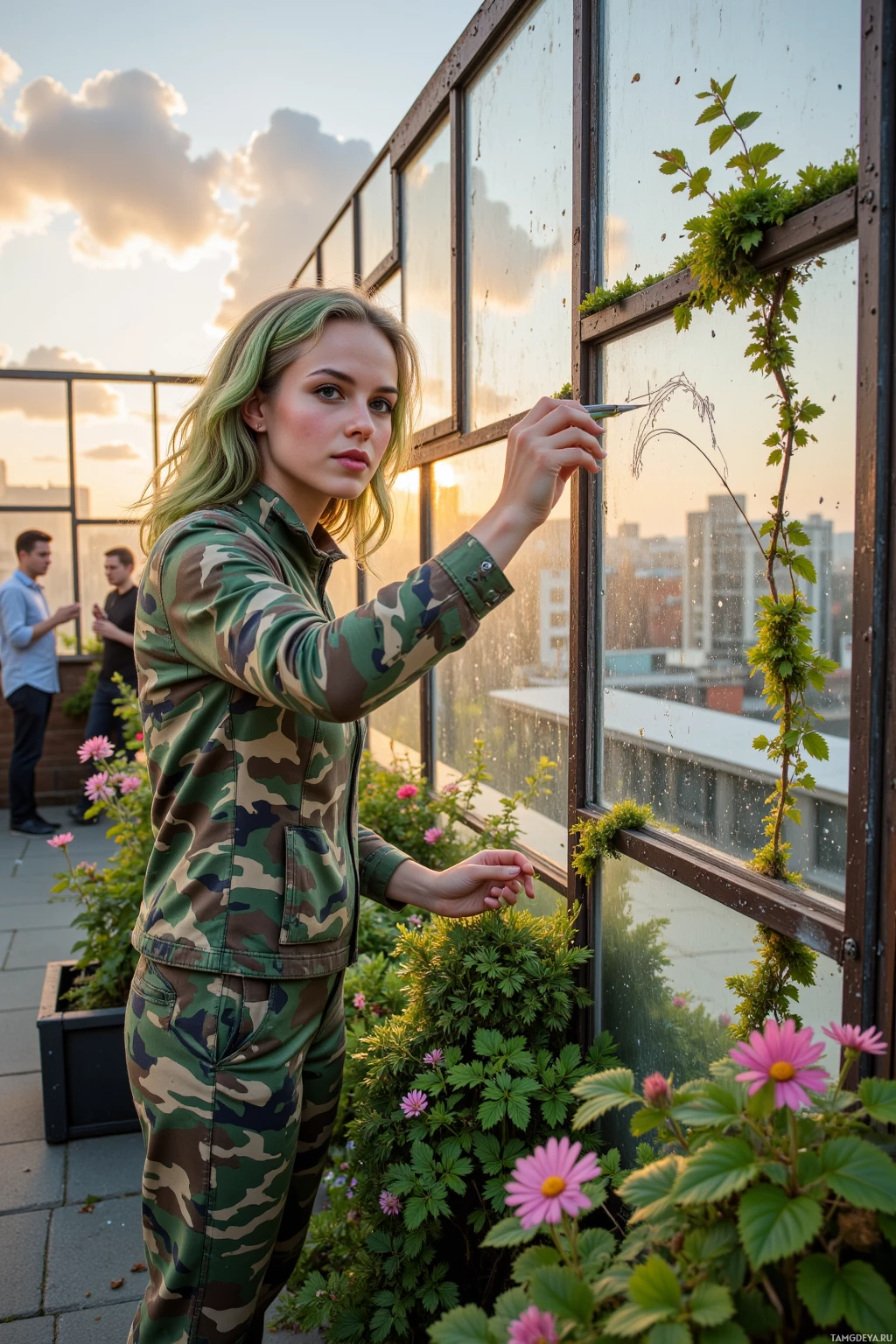 Человек в камуфляжной одежде стоит у окна с растениями, откуда открывается вид на город на закате.