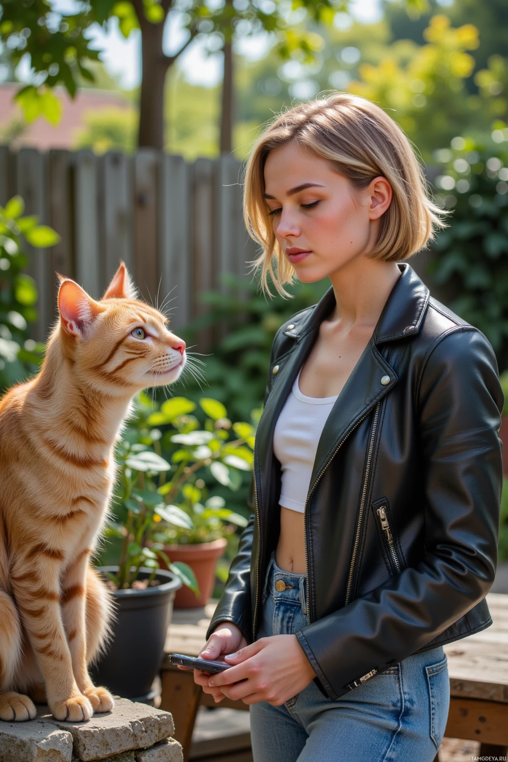 Женщина в кожаной куртке стоит на улице с кошкой, и они вместе смотрят в одном направлении.