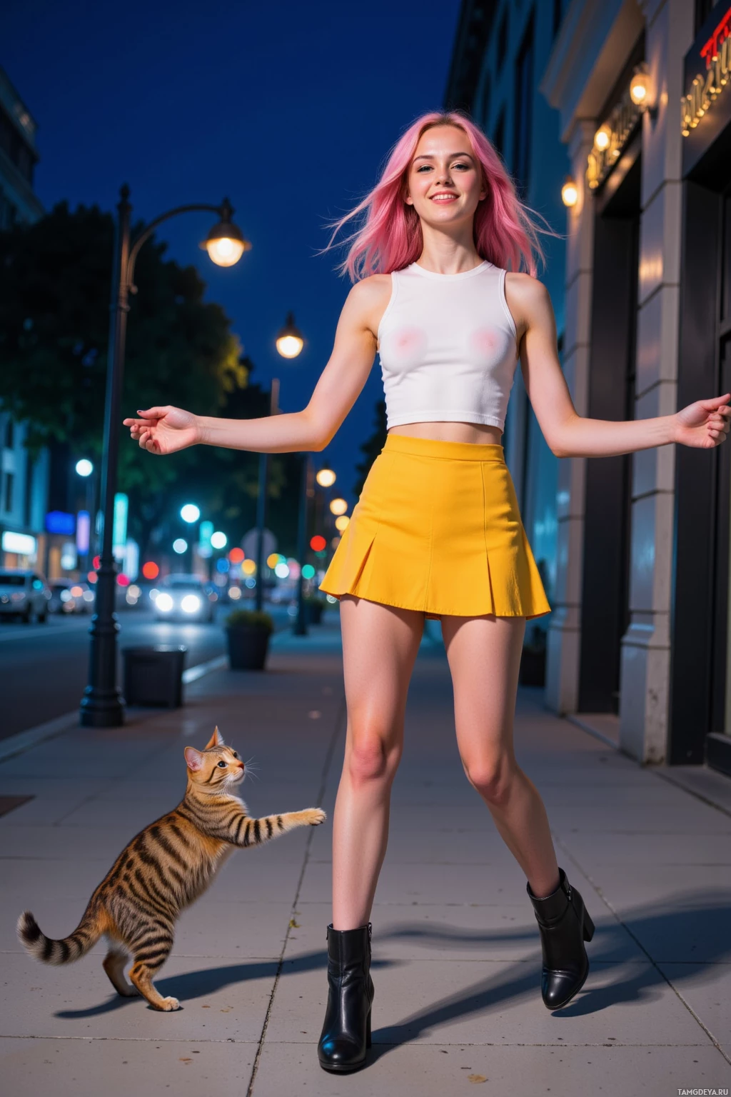 Молодая женщина с розовыми волосами стоит на ночном городском тротуаре в компании кота.