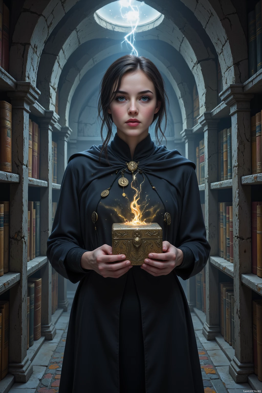 В библиотеке стоит человек в темном одеянии, держащий светящуюся шкатулку.