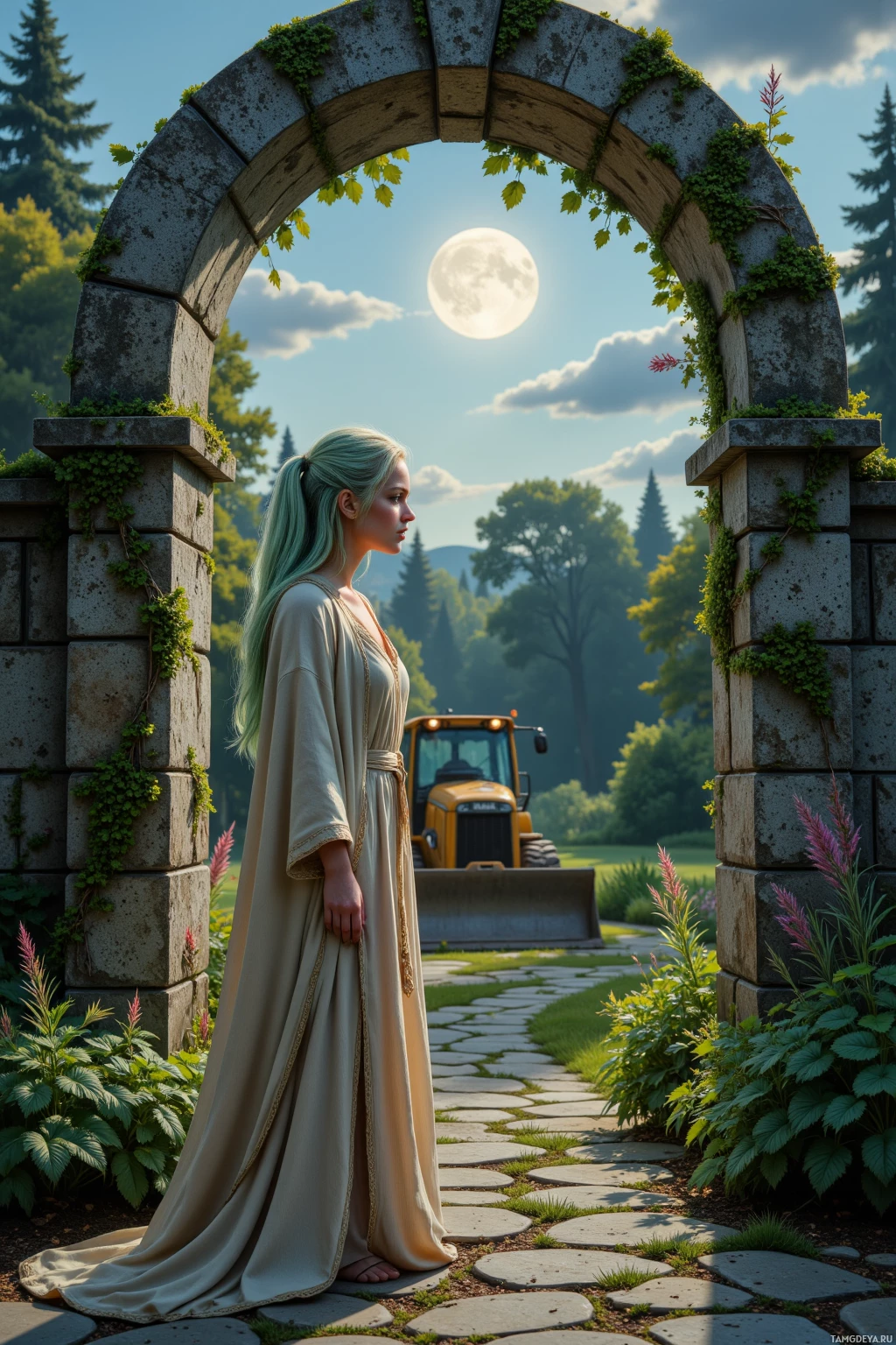 Женщина в развевающейся одежде стоит под каменным сводом, увитым плющом, и смотрит на строительную технику в пышном саду.
