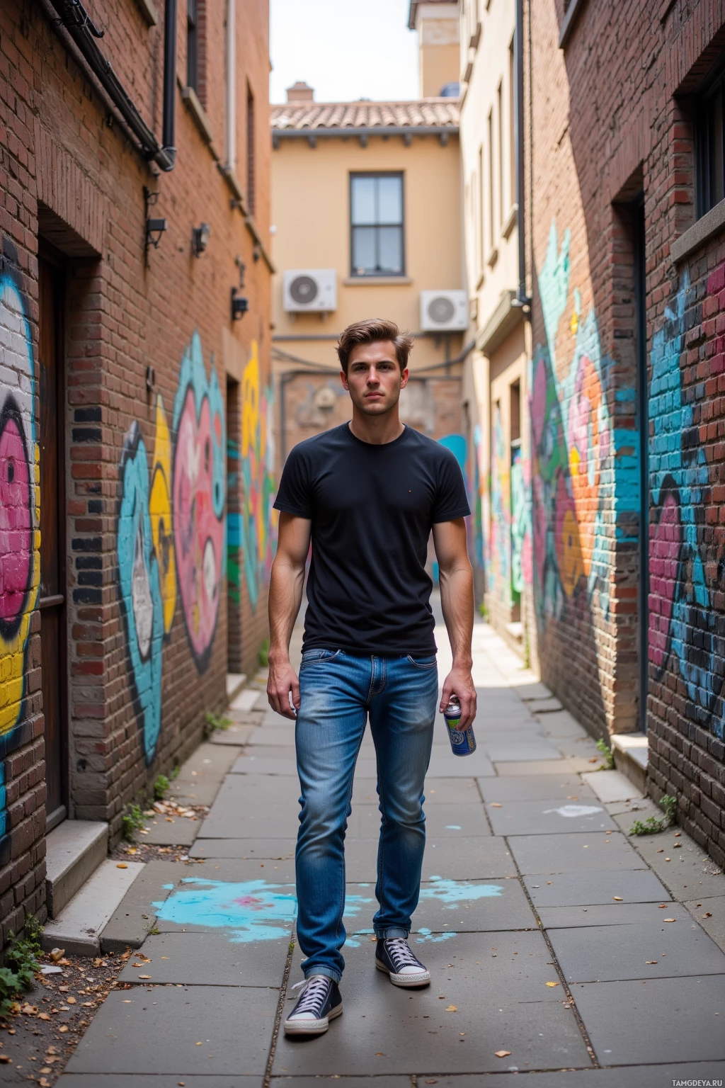 Человек стоит в переулке, стены которого украшены яркими граффити, одетый в темную футболку, джинсы и кроссовки.