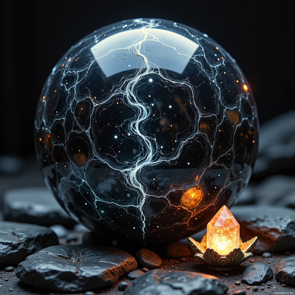 Светящийся кристалл в форме шара с замысловатыми узорами покоится на тёмных камнях, рядом с горящим цитрином.