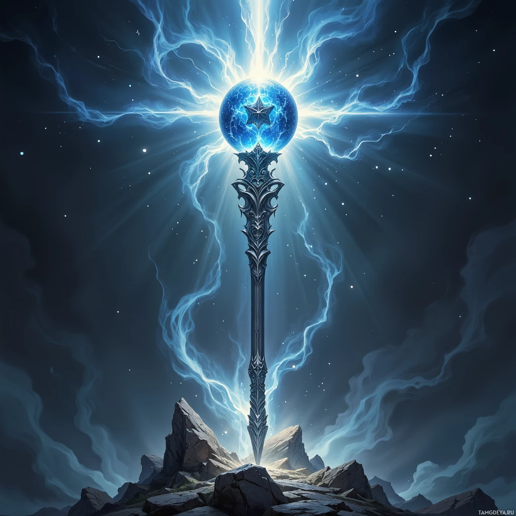 Сияющий синий шар на резном посохе излучает яркий свет и энергию, на фоне звездного ночного неба.