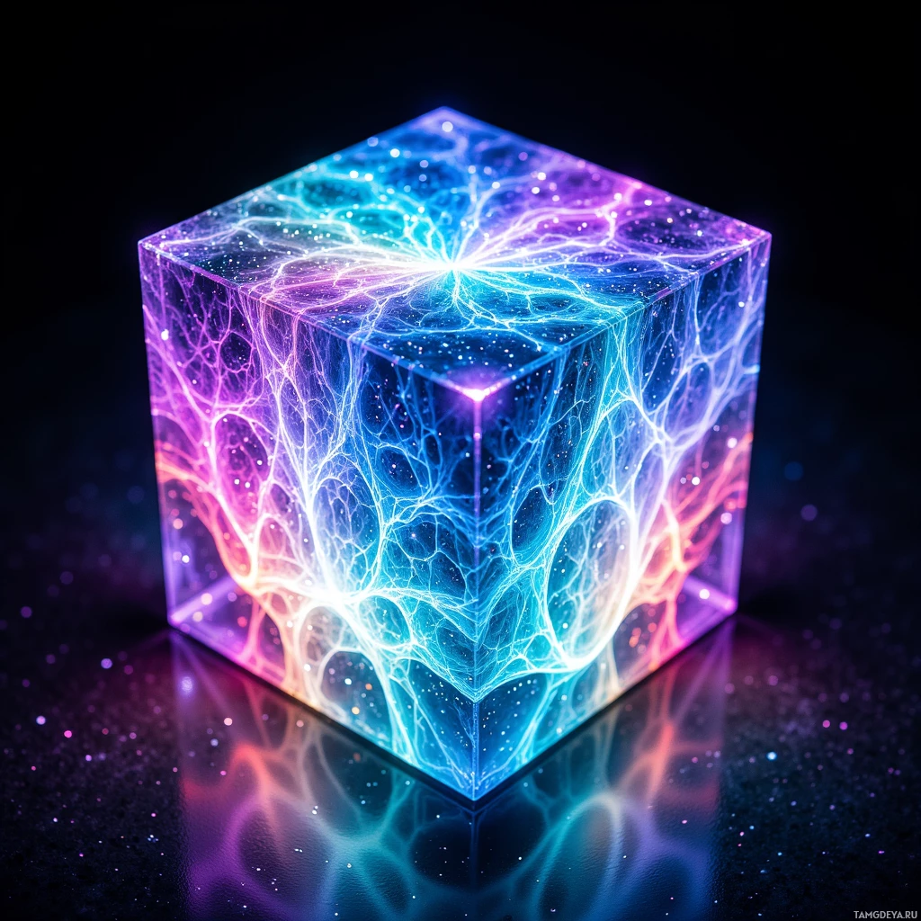 Сияющий многоцветный куб со сложной, паутиной похожей структурой и отражающей поверхностью.