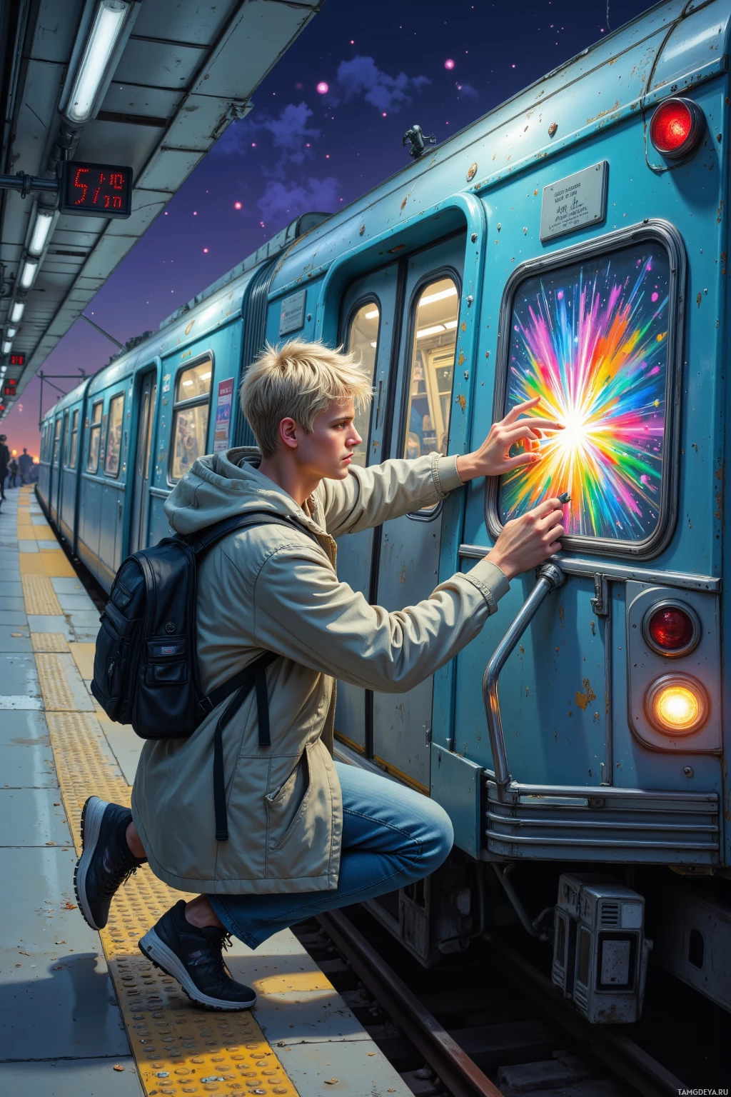 Человек присел у окна поезда, словно тянется, чтобы коснуться яркого всплеска света, льющегося из него.
