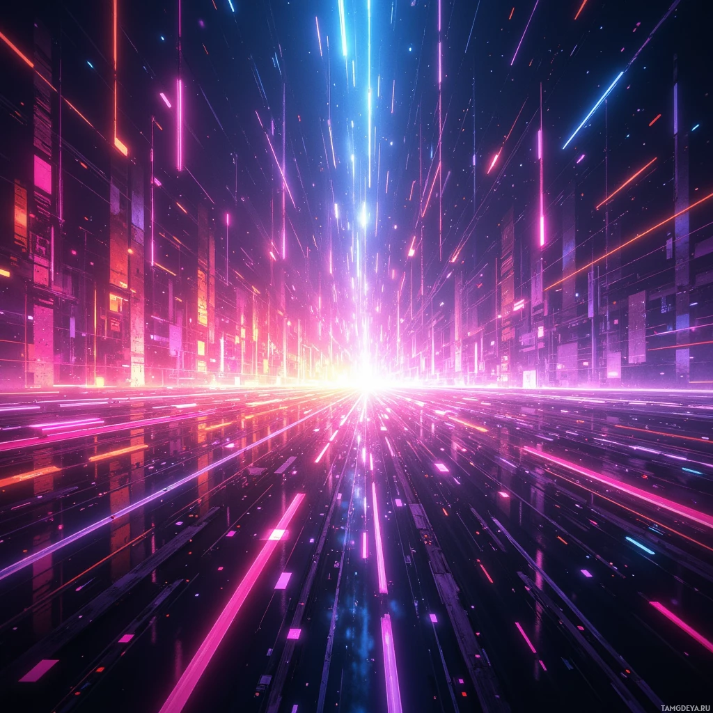 Яркий, футуристичный городской пейзаж, залитый неоновым светом и подсвеченный светящимися линиями, создающий динамичную, высокотехнологичную атмосферу.