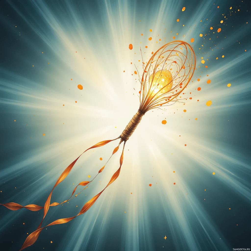 Светящийся, замысловатый объект, излучающий свет и окруженный парящими частицами на фоне темного, звездного неба.