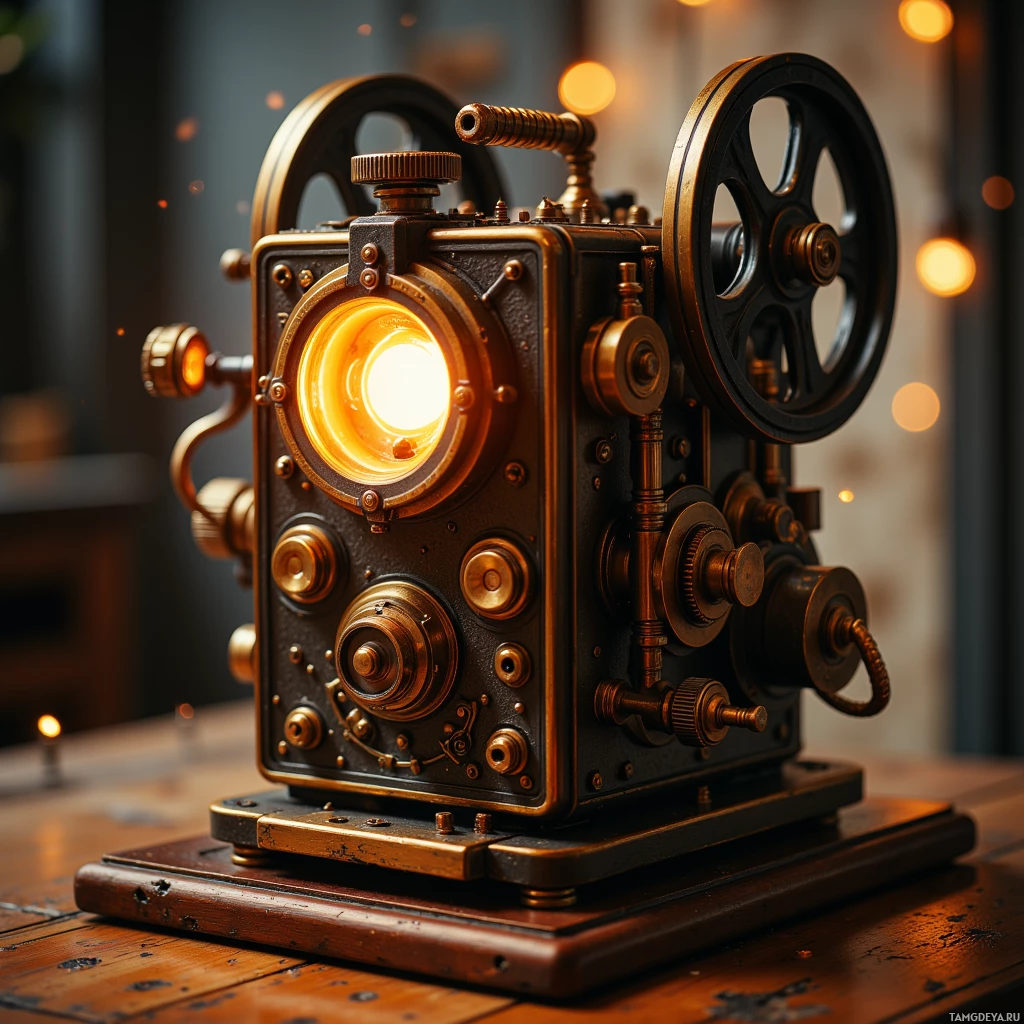 На деревянной поверхности расположилось винтажное механическое устройство со светящимся светом и замысловатыми латунными деталями.