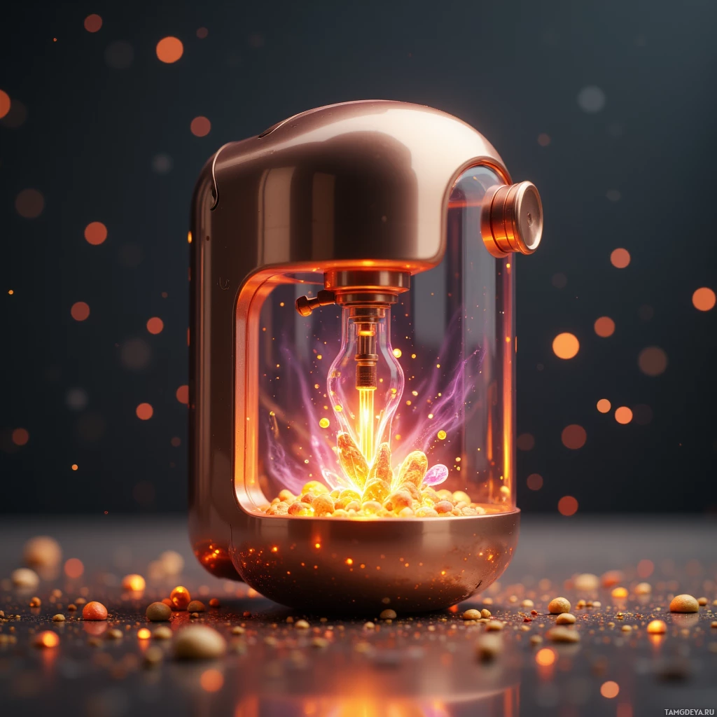 Светящееся, футуристическое устройство с прозрачным куполом и внутренним излучением энергии или частиц.