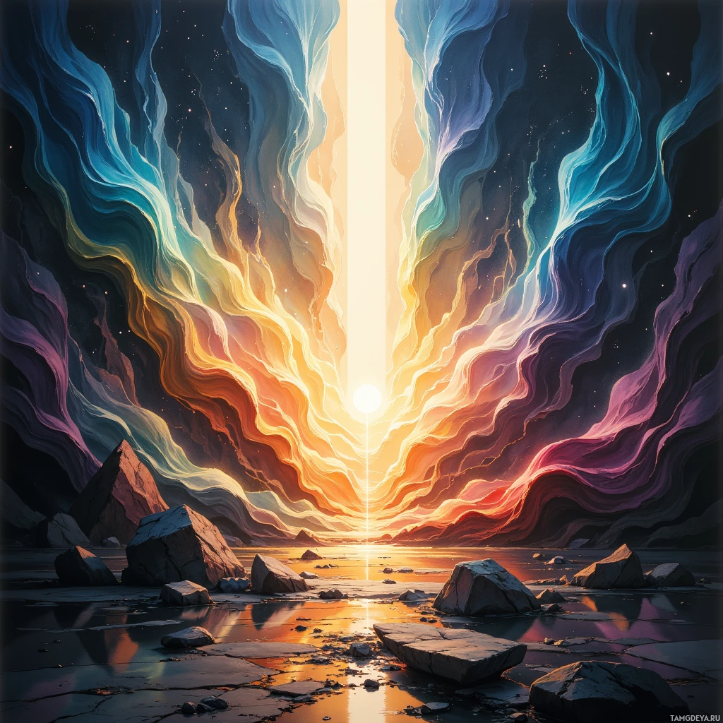 Яркий, абстрактный пейзаж с извилистыми, разноцветными волнами, сходящимися к яркому источнику света в центре.