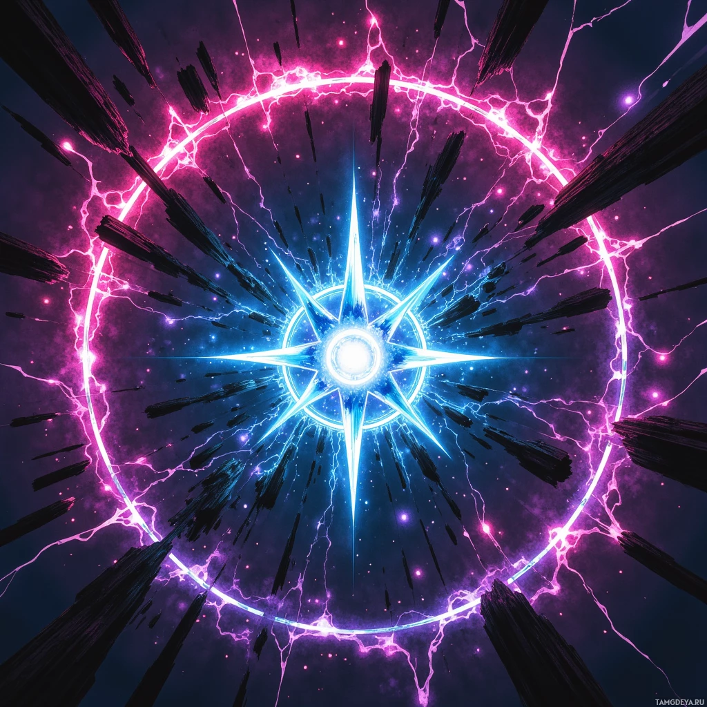 Яркий космический пейзаж с сияющей звездой в центре, окруженной динамичными вспышками розовых и голубых разрядов и мерцающими частицами, похожими на звезды.