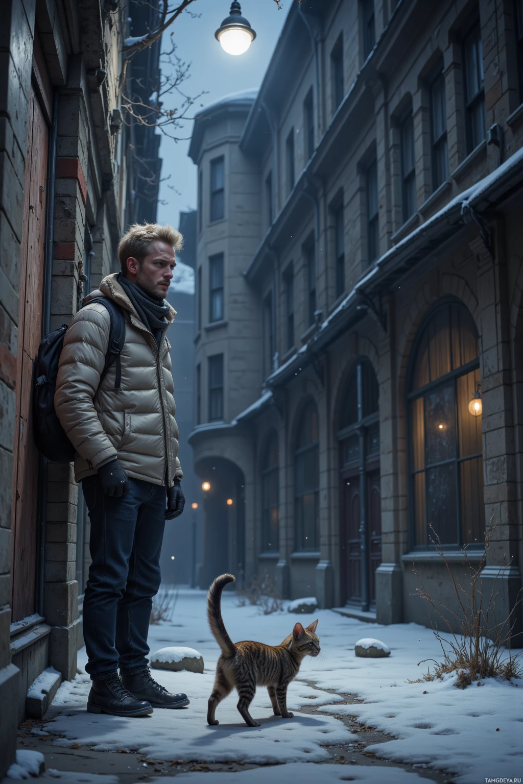 Мужчина стоит в заснеженном переулке, вдалеке глядя куда-то, рядом с ним – кошка.