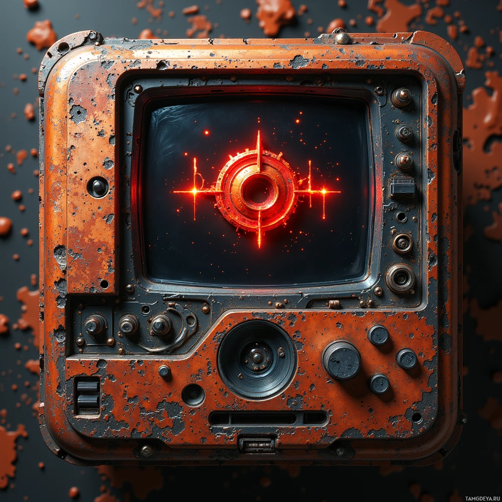 Старое, проржавшее и поврежденное электронное устройство с горящим красным огоньком в центре.