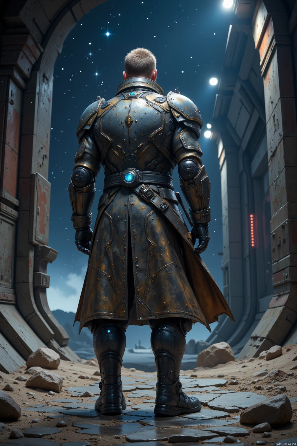 Человек в сложной, футуристической броне стоит на фоне каменистого пейзажа, освещенного звездным небом.