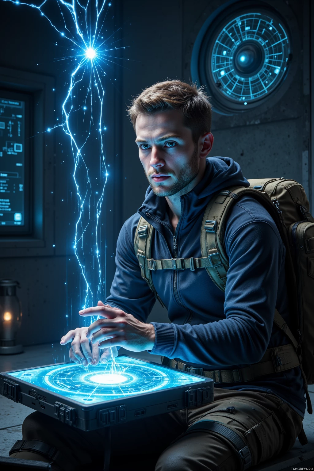 Человек в футуристической обстановке взаимодействует с светящимся высокотехнологичным устройством.