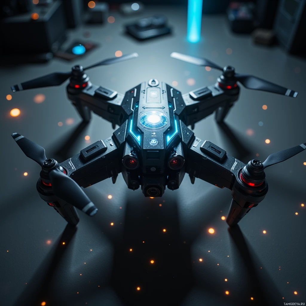 На тёмной поверхности представлен футуристический дрон с подсвеченными пропеллерами.