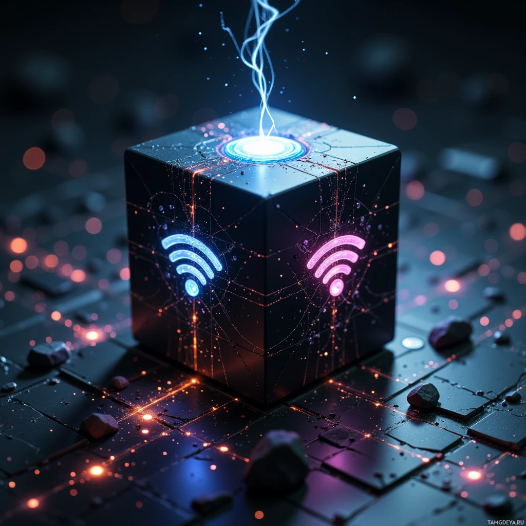 Футуристический куб с подсвеченными символами Wi-Fi и сетевыми соединениями.