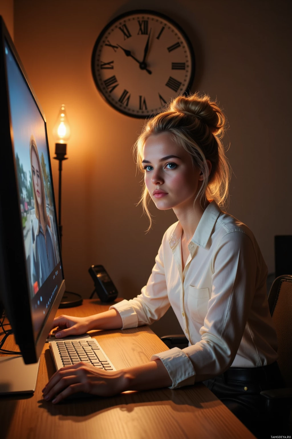 Женщина сидит за столом в полумраке, работая за компьютером.