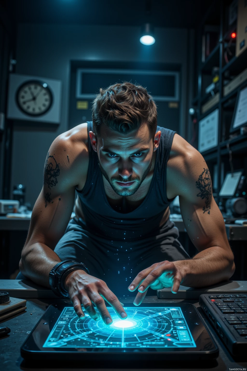 Мужчина в майке без рукавов наклонился вперед, взаимодействуя с светящимся, футуристичным интерфейсом на планшете.
