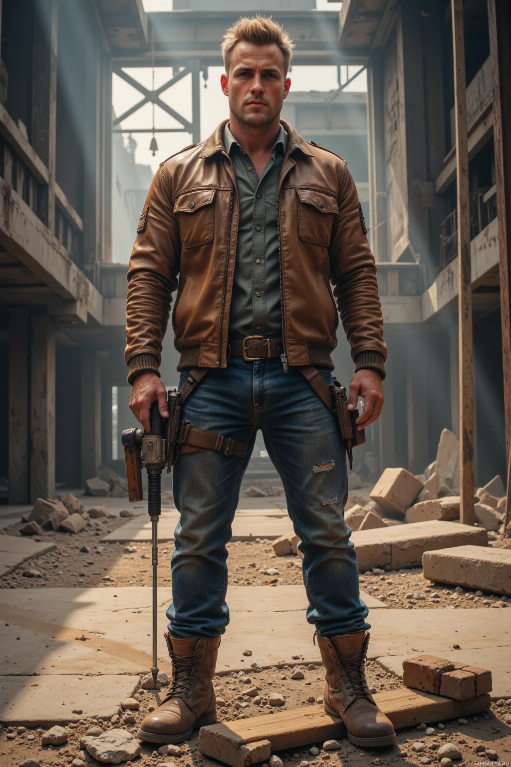 Мужчина стоит в полуразрушенном здании, одетый в коричневую кожаную куртку, джинсы и ботинки, держа в правой руке инструмент.